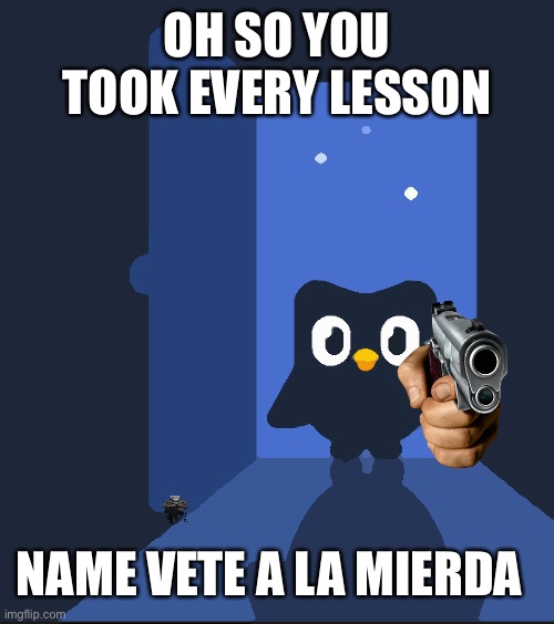 Upvote if you found the hidden bernie | OH SO YOU TOOK EVERY LESSON; NAME VETE A LA MIERDA | image tagged in duolingo bird | made w/ Imgflip meme maker