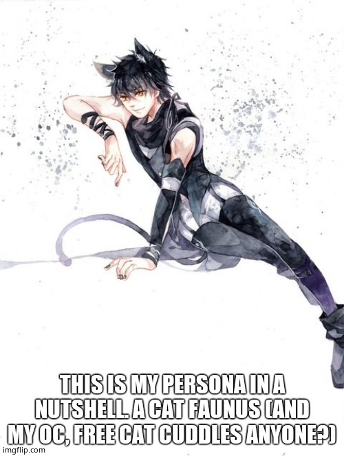 RWBY OC Elias walker | THIS IS MY PERSONA IN A NUTSHELL. A CAT FAUNUS (AND MY OC, FREE CAT CUDDLES ANYONE?) | image tagged in rwby oc elias walker | made w/ Imgflip meme maker