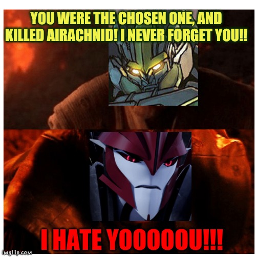 KNOCK OUT HATES WINGBLADE!! | YOU WERE THE CHOSEN ONE, AND KILLED AIRACHNID! I NEVER FORGET YOU!! I HATE YOOOOOU!!! | image tagged in you were the chosen one blank,wingblade,knockout,transformers,transformers prime | made w/ Imgflip meme maker