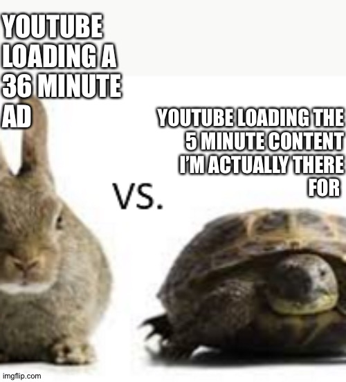 Fast youtube vs slow youtube | YOUTUBE LOADING A
36 MINUTE 
AD; YOUTUBE LOADING THE
 5 MINUTE CONTENT
 I’M ACTUALLY THERE
 FOR | image tagged in fast vs slow | made w/ Imgflip meme maker