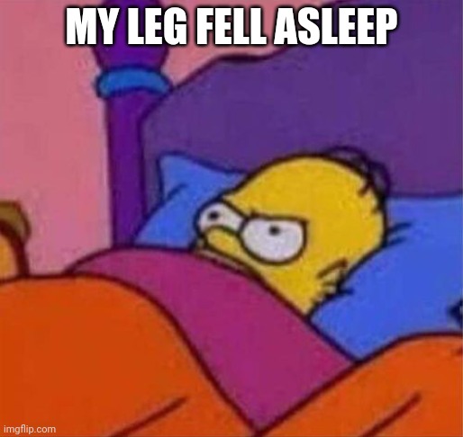 angry homer simpson in bed | MY LEG FELL ASLEEP | image tagged in angry homer simpson in bed | made w/ Imgflip meme maker