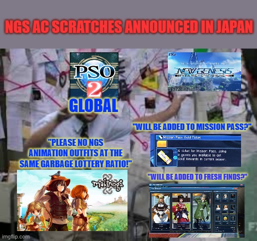 To loot box or not to loot box | NGS AC SCRATCHES ANNOUNCED IN JAPAN; GLOBAL; "WILL BE ADDED TO MISSION PASS?"; "PLEASE NO NGS ANIMATION OUTFITS AT THE SAME GARBAGE LOTTERY RATIO!"; "WILL BE ADDED TO FRESH FINDS?" | image tagged in conspiracy theory,pso2,pso2ngs,loot boxes,video game monetization | made w/ Imgflip meme maker