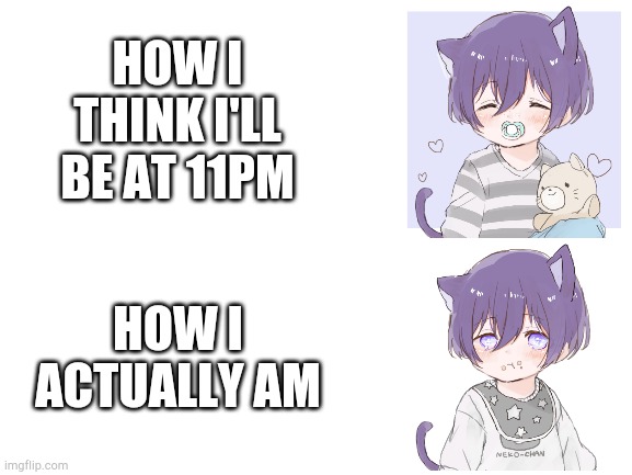 Blank White Template | HOW I THINK I'LL BE AT 11PM; HOW I ACTUALLY AM | image tagged in blank white template | made w/ Imgflip meme maker