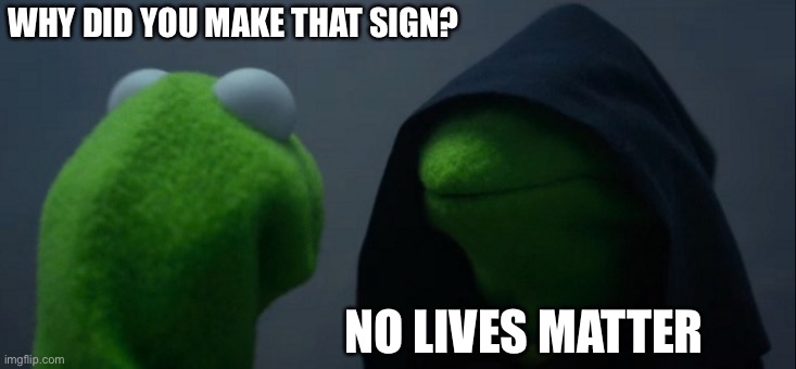 Evil Kermit Meme | WHY DID YOU MAKE THAT SIGN? NO LIVES MATTER | image tagged in memes,evil kermit | made w/ Imgflip meme maker