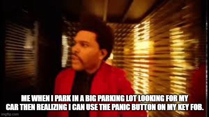 ME WHEN I PARK IN A BIG PARKING LOT LOOKING FOR MY CAR THEN REALIZING I CAN USE THE PANIC BUTTON ON MY KEY FOB. | image tagged in the weekend | made w/ Imgflip meme maker