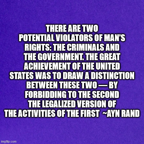 The Constitution | THERE ARE TWO POTENTIAL VIOLATORS OF MAN’S RIGHTS: THE CRIMINALS AND THE GOVERNMENT. THE GREAT ACHIEVEMENT OF THE UNITED STATES WAS TO DRAW A DISTINCTION BETWEEN THESE TWO — BY FORBIDDING TO THE SECOND THE LEGALIZED VERSION OF THE ACTIVITIES OF THE FIRST  ~AYN RAND | image tagged in ayn rand,constitution | made w/ Imgflip meme maker
