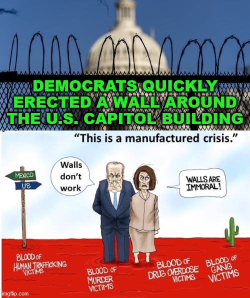 I guess walls are immoral for us but OK for them. | DEMOCRATS QUICKLY ERECTED A WALL AROUND THE U.S. CAPITOL BUILDING | image tagged in walls,political meme | made w/ Imgflip meme maker