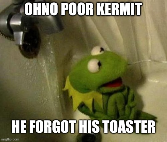 What is wrong with my humor? | OHNO POOR KERMIT; HE FORGOT HIS TOASTER | image tagged in kermit on shower | made w/ Imgflip meme maker