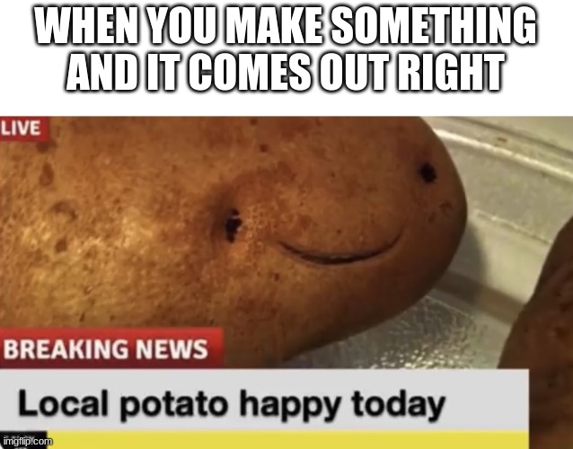 Local me happy | WHEN YOU MAKE SOMETHING AND IT COMES OUT RIGHT | image tagged in local potato happy today | made w/ Imgflip meme maker