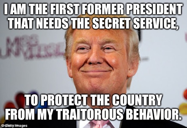 Donald trump approves | I AM THE FIRST FORMER PRESIDENT THAT NEEDS THE SECRET SERVICE, TO PROTECT THE COUNTRY FROM MY TRAITOROUS BEHAVIOR. | image tagged in donald trump approves | made w/ Imgflip meme maker