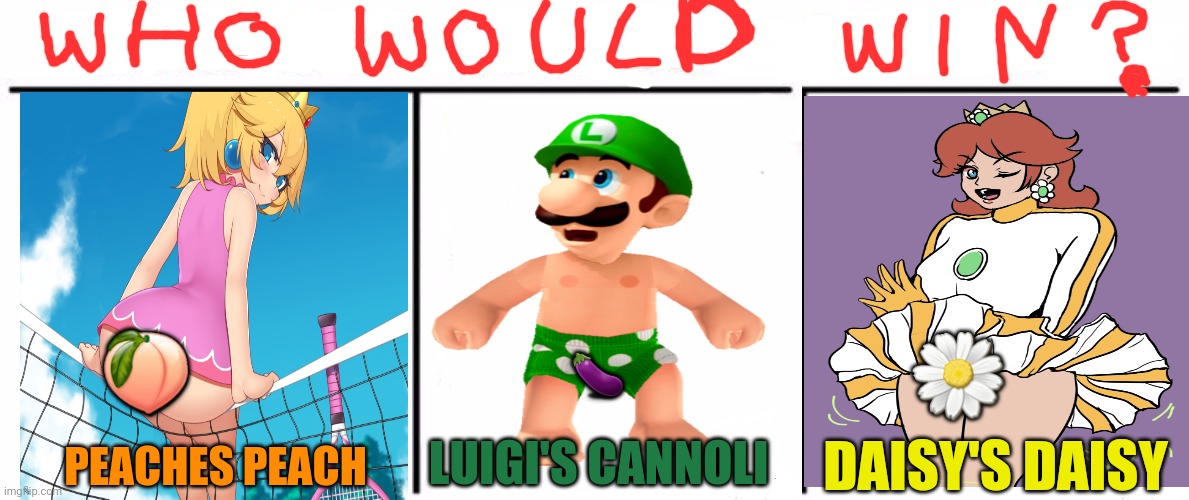 PEACHES PEACH LUIGI'S CANNOLI DAISY'S DAISY ? ? ? | image tagged in memes,who would win | made w/ Imgflip meme maker
