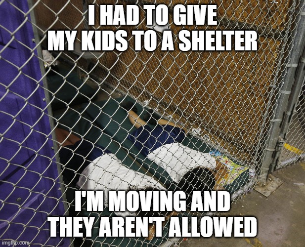 kids in cages, | I HAD TO GIVE MY KIDS TO A SHELTER; I'M MOVING AND THEY AREN'T ALLOWED | image tagged in funny,funny memes,kids in cages,dog memes,animal rescue | made w/ Imgflip meme maker