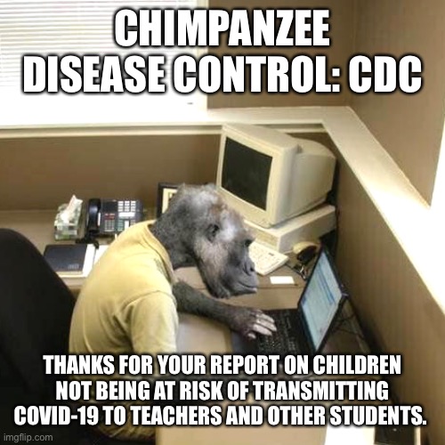 Who is writing these reports | CHIMPANZEE DISEASE CONTROL: CDC; THANKS FOR YOUR REPORT ON CHILDREN NOT BEING AT RISK OF TRANSMITTING COVID-19 TO TEACHERS AND OTHER STUDENTS. | image tagged in memes,monkey business,cdc,covid-19,teachers,students | made w/ Imgflip meme maker