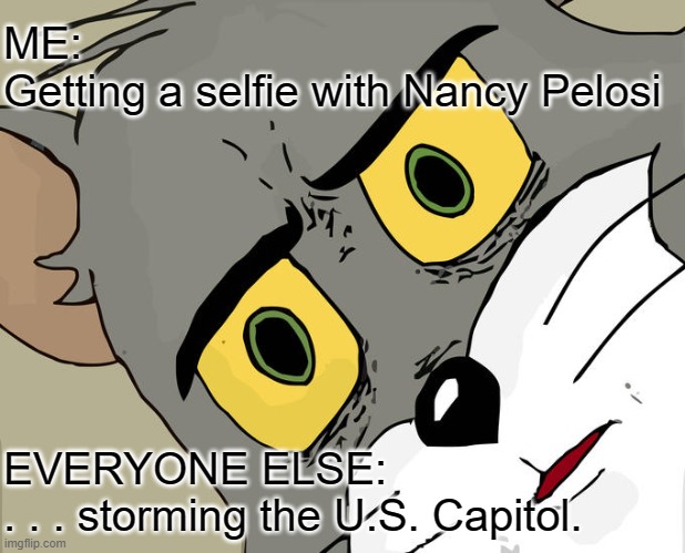 Unsettled Tom at the U.S. Capitol | ME:
Getting a selfie with Nancy Pelosi; EVERYONE ELSE:
. . . storming the U.S. Capitol. | image tagged in unsettled tom,joe biden,storming the capitol,nancy pelosi | made w/ Imgflip meme maker