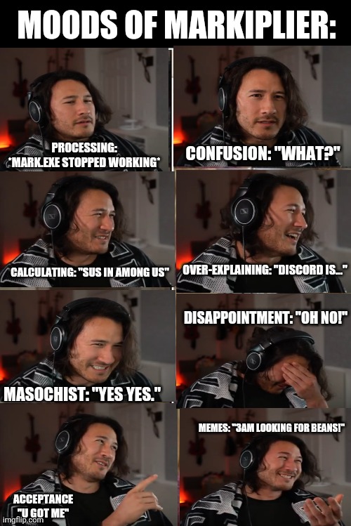 Moods of Markiplier | MOODS OF MARKIPLIER:; PROCESSING: *MARK.EXE STOPPED WORKING*; CONFUSION: "WHAT?"; OVER-EXPLAINING: "DISCORD IS..."; CALCULATING: "SUS IN AMONG US"; DISAPPOINTMENT: "OH NO!"; MASOCHIST: "YES YES."; MEMES: "3AM LOOKING FOR BEANS!"; ACCEPTANCE "U GOT ME" | image tagged in markiplier derp face | made w/ Imgflip meme maker