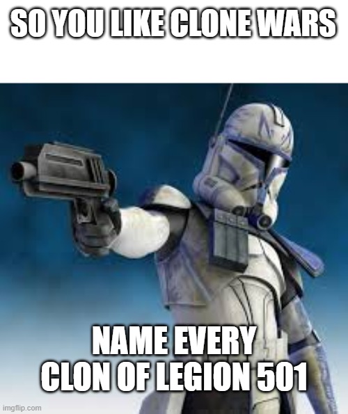 Name evey clon | SO YOU LIKE CLONE WARS; NAME EVERY CLON OF LEGION 501 | image tagged in star wars,clone wars,memes,star wars prequels,star wars fan,disney killed star wars | made w/ Imgflip meme maker
