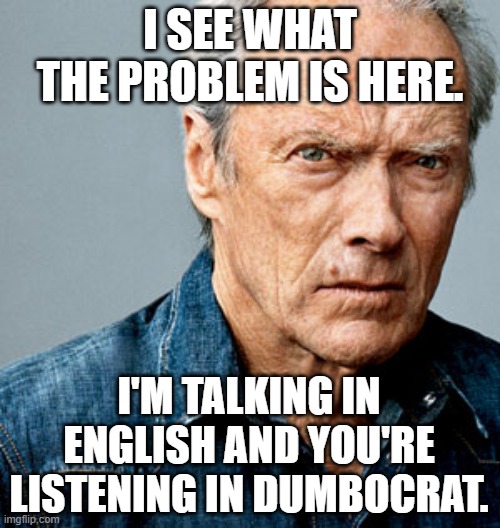 Clint Eastwood ... Problem Solver. | I SEE WHAT THE PROBLEM IS HERE. I'M TALKING IN ENGLISH AND YOU'RE LISTENING IN DUMBOCRAT. | image tagged in clint eastwood,democrats,joe biden | made w/ Imgflip meme maker