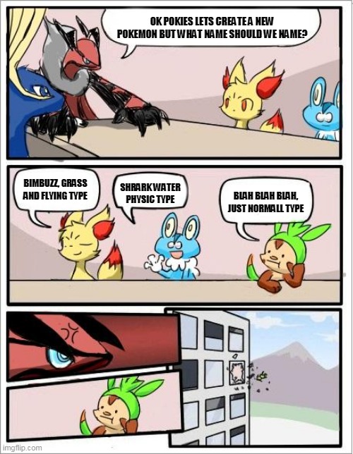 pokemon meeting part 1 |  OK POKIES LETS CREATE A NEW POKEMON BUT WHAT NAME SHOULD WE NAME? BIMBUZZ, GRASS AND FLYING TYPE; SHRARK WATER PHYSIC TYPE; BLAH BLAH BLAH, JUST NORMALL TYPE | image tagged in pokemon board meeting | made w/ Imgflip meme maker