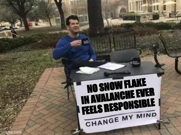 snow goes down hill like everything | NO SNOW FLAKE IN AVALANCHE EVER FEELS RESPONSIBLE | image tagged in memes,change my mind | made w/ Imgflip meme maker