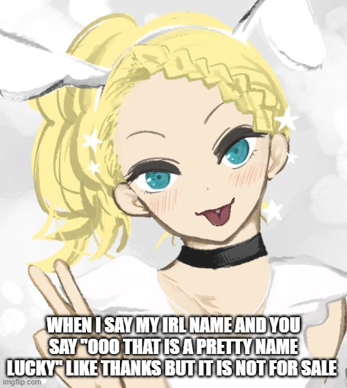 WHEN I SAY MY IRL NAME AND YOU SAY "OOO THAT IS A PRETTY NAME LUCKY" LIKE THANKS BUT IT IS NOT FOR SALE | made w/ Imgflip meme maker