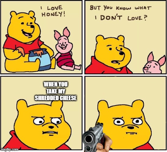 I love honey | WHEN YOU TAKE MY SHREDDED CHEESE | image tagged in i love honey | made w/ Imgflip meme maker
