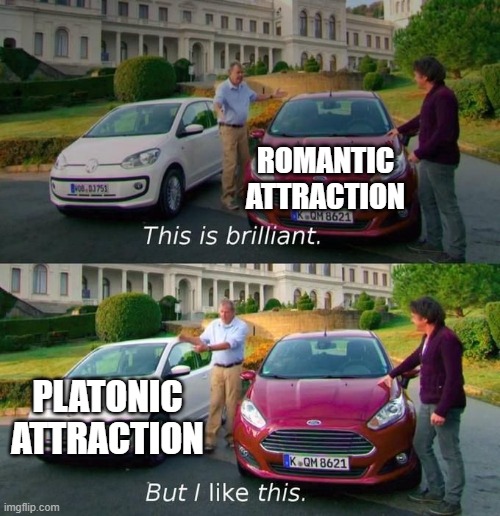 Me realising I'm on the Aro-Spectrum be like: | ROMANTIC ATTRACTION; PLATONIC ATTRACTION | image tagged in this is brilliant but i like this,lgbtq,aromantic,memes | made w/ Imgflip meme maker