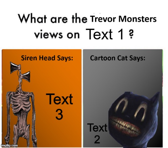 Trevor Monsters Views | Text 1; Text 2; Text 3 | image tagged in trevor monsters views | made w/ Imgflip meme maker