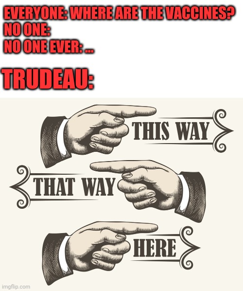 #TrudeauMustGo Vaccine failure is an embarassment | EVERYONE: WHERE ARE THE VACCINES?
NO ONE:
NO ONE EVER: ... TRUDEAU: | image tagged in covid,trudeau,vaccine,canadian politics,lockdown,government | made w/ Imgflip meme maker
