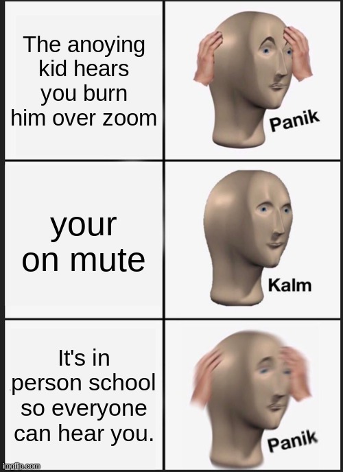 Panik Kalm Panik | The anoying kid hears you burn him over zoom; your on mute; It's in person school so everyone can hear you. | image tagged in memes,panik kalm panik | made w/ Imgflip meme maker
