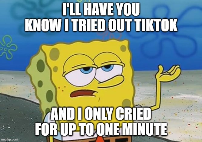 ill have u know | I'LL HAVE YOU KNOW I TRIED OUT TIKTOK; AND I ONLY CRIED FOR UP TO ONE MINUTE | image tagged in funny | made w/ Imgflip meme maker