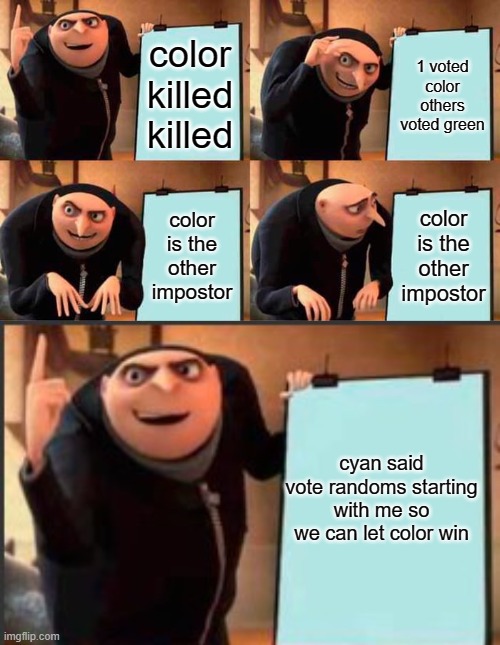 color killed killed 1 voted color others voted green color is the other impostor color is the other impostor cyan said vote randoms starting | image tagged in memes,gru's plan | made w/ Imgflip meme maker