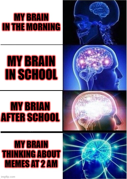 brian | MY BRAIN IN THE MORNING; MY BRAIN IN SCHOOL; MY BRIAN AFTER SCHOOL; MY BRAIN THINKING ABOUT MEMES AT 2 AM | image tagged in memes,expanding brain | made w/ Imgflip meme maker