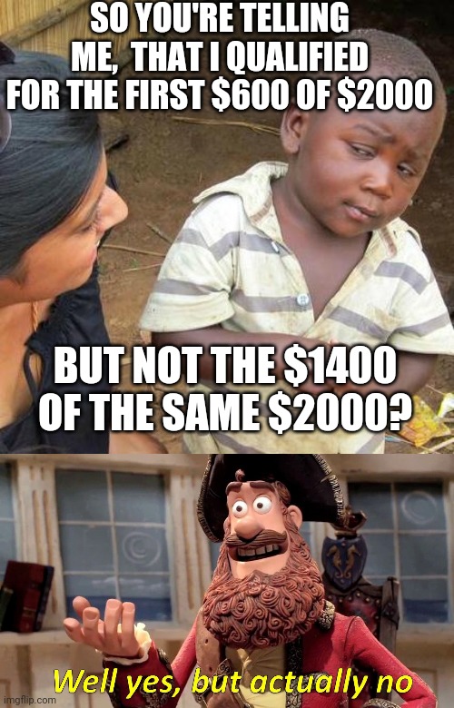 Politics and stuff | SO YOU'RE TELLING ME,  THAT I QUALIFIED FOR THE FIRST $600 OF $2000; BUT NOT THE $1400 OF THE SAME $2000? | image tagged in memes,third world skeptical kid,well yes but actually no | made w/ Imgflip meme maker
