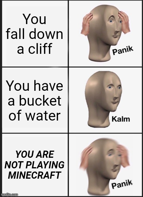 PANIK | You fall down a cliff; You have a bucket of water; YOU ARE NOT PLAYING MINECRAFT | image tagged in memes,panik kalm panik,minecraft,meme man,water,bucket | made w/ Imgflip meme maker