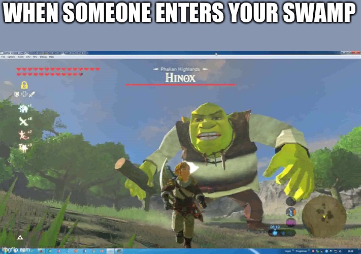BOTW Shrek | WHEN SOMEONE ENTERS YOUR SWAMP | image tagged in botw shrek | made w/ Imgflip meme maker