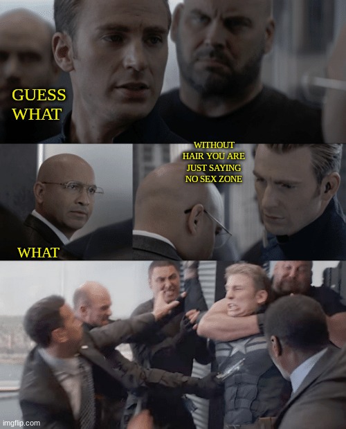 When my friends get some fresh cuts | GUESS WHAT; WITHOUT HAIR YOU ARE JUST SAYING NO SEX ZONE; WHAT | image tagged in captain america elevator | made w/ Imgflip meme maker