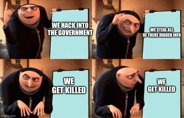 WE STEAL ALL OF THERE HIDDEN INFO; WE HACK INTO THE GOVERNMENT; WE GET KILLED; WE GET KILLED | image tagged in gru's plan | made w/ Imgflip meme maker