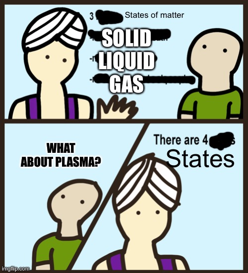 He’s not wrong tho | States of matter; SOLID
LIQUID
GAS; WHAT ABOUT PLASMA? States | image tagged in genie rules meme | made w/ Imgflip meme maker