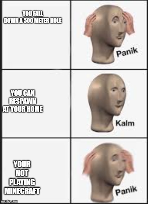 panik | YOU FALL DOWN A 500 METER HOLE; YOU CAN RESPAWN AT YOUR HOME; YOUR NOT PLAYING MINECRAFT | made w/ Imgflip meme maker