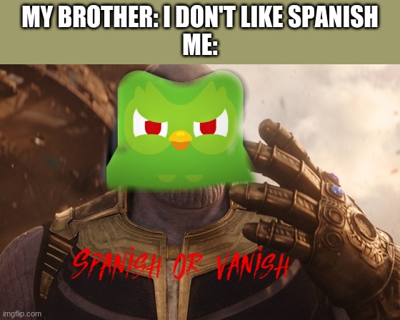 VANISH | MY BROTHER: I DON'T LIKE SPANISH
ME: | image tagged in spanish or vanish | made w/ Imgflip meme maker