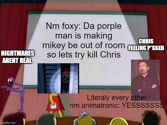 Lisa Simpson's Presentation | Nm foxy: Da porple man is making mikey be out of room so lets try kill Chris; CHRIS FEELING P*SSED; NIGHTMARES ARENT REAL; Literaly every other nm animatronic: YESSSSSSS | image tagged in lisa simpson's presentation,fnaf 4,purple guy,rolling eyes | made w/ Imgflip meme maker