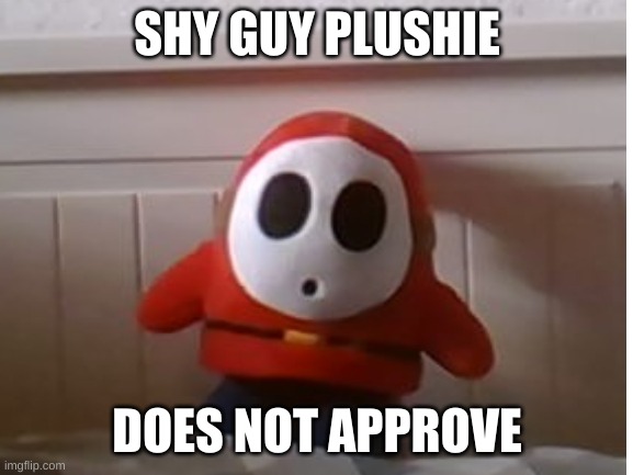 Shy guy plushie does not spprove | SHY GUY PLUSHIE; DOES NOT APPROVE | image tagged in blank white template | made w/ Imgflip meme maker