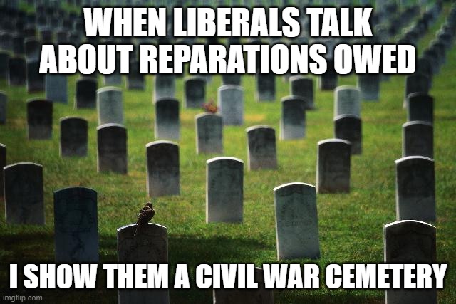 graveyard cemetary | WHEN LIBERALS TALK ABOUT REPARATIONS OWED I SHOW THEM A CIVIL WAR CEMETERY | image tagged in graveyard cemetary | made w/ Imgflip meme maker
