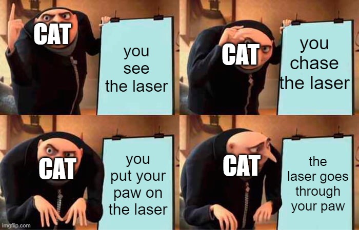 Gru's Plan | CAT; you chase the laser; you see the laser; CAT; CAT; CAT; you put your paw on the laser; the laser goes through your paw | image tagged in memes,gru's plan | made w/ Imgflip meme maker