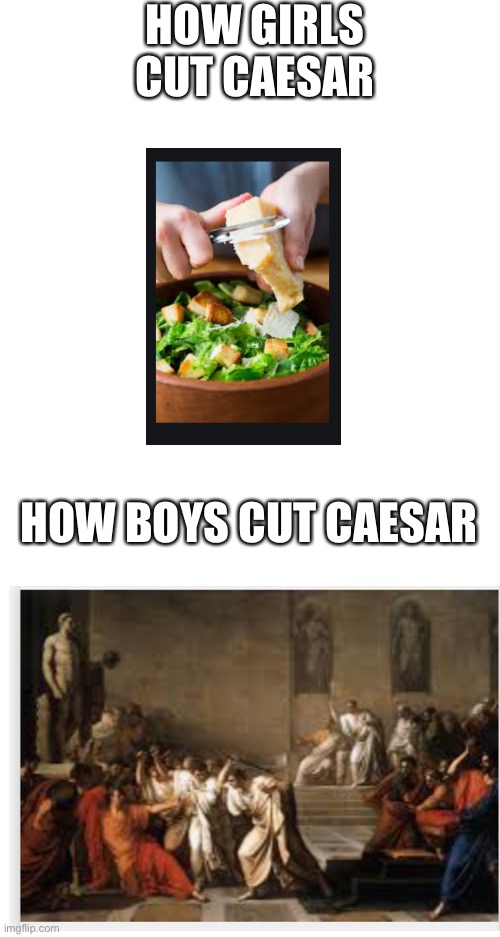 HOW GIRLS CUT CAESAR; HOW BOYS CUT CAESAR | image tagged in blank white template | made w/ Imgflip meme maker