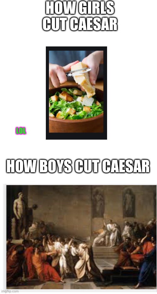 HOW GIRLS CUT CAESAR; LOL; HOW BOYS CUT CAESAR | image tagged in blank white template | made w/ Imgflip meme maker
