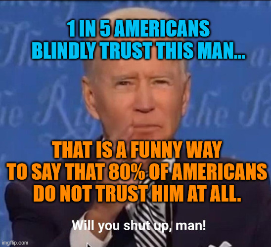 Will you shut up, man! | 1 IN 5 AMERICANS BLINDLY TRUST THIS MAN... THAT IS A FUNNY WAY TO SAY THAT 80% OF AMERICANS DO NOT TRUST HIM AT ALL. | image tagged in will you shut up man | made w/ Imgflip meme maker