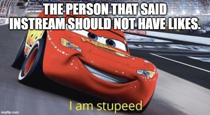 I am stupeed | THE PERSON THAT SAID INSTREAM SHOULD NOT HAVE LIKES. | image tagged in i am stupeed | made w/ Imgflip meme maker