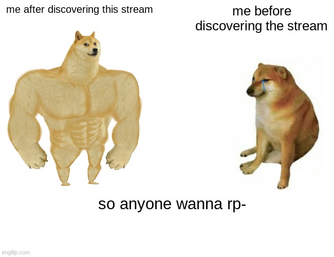 to be honest this is me asking cause im to weird to ask in comments | me after discovering this stream; me before discovering the stream; so anyone wanna rp- | image tagged in memes,buff doge vs cheems | made w/ Imgflip meme maker