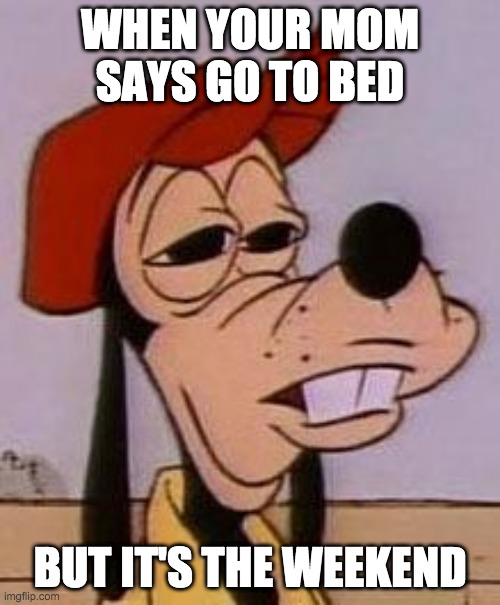 bed time | WHEN YOUR MOM SAYS GO TO BED; BUT IT'S THE WEEKEND | image tagged in funny | made w/ Imgflip meme maker